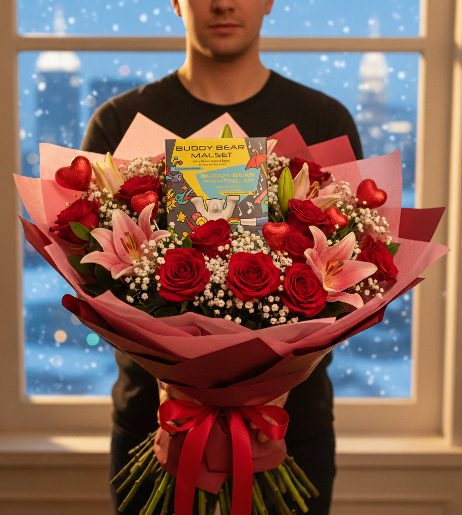 Buddy Bär Malset mit Rosenstrauß – Geschenkidee zum Valentinstag