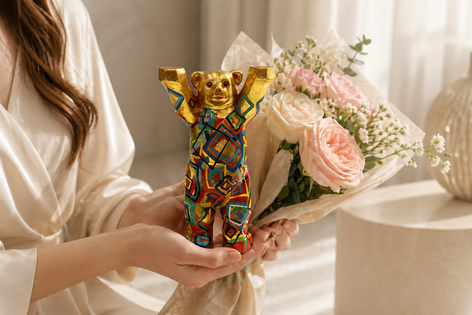 Goldener Buddy Bär mit Blumenstrauß – Geschenkidee zum Muttertag