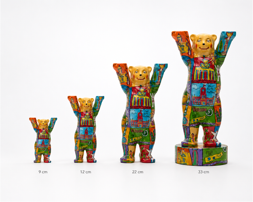 Größenübersicht der Buddy Bär Miniaturen: 9, 12, 22 und 33 cm